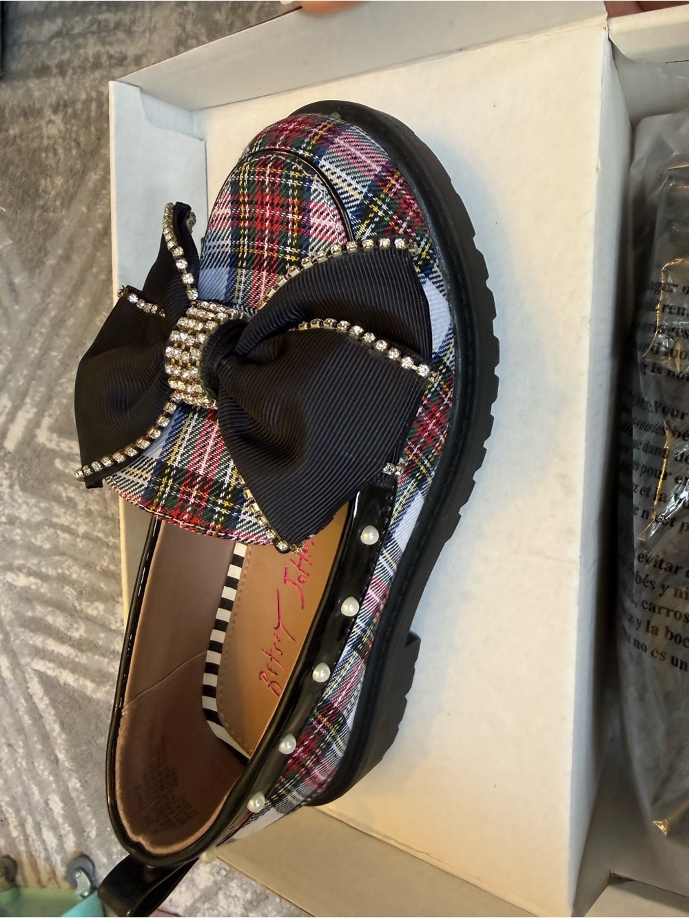 Betsey Johnson Girls Plaid Loafers with Black Bow & Pearls